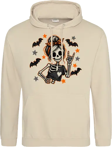 Skelett-Mädchen Halloween Rockerin Gruselig Lustig - Skelett, Skelett-Mädchen, Halloween, Rockerin, Rock, gruselig, lustig, Totenkopf, Kawaii, süßes Skelett, Kürbisse, Sterne, Alternative, Gruselzeit - Standard Hoodie