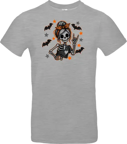 Skelett-Mädchen Halloween Rockerin Gruselig Lustig - Skelett, Skelett-Mädchen, Halloween, Rockerin, Rock, gruselig, lustig, Totenkopf, Kawaii, süßes Skelett, Kürbisse, Sterne, Alternative, Gruselzeit - Standard T-Shirt