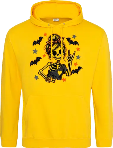 Skelett-Mädchen Halloween Rockerin Gruselig Lustig - Skelett, Skelett-Mädchen, Halloween, Rockerin, Rock, gruselig, lustig, Totenkopf, Kawaii, süßes Skelett, Kürbisse, Sterne, Alternative, Gruselzeit - Standard Hoodie