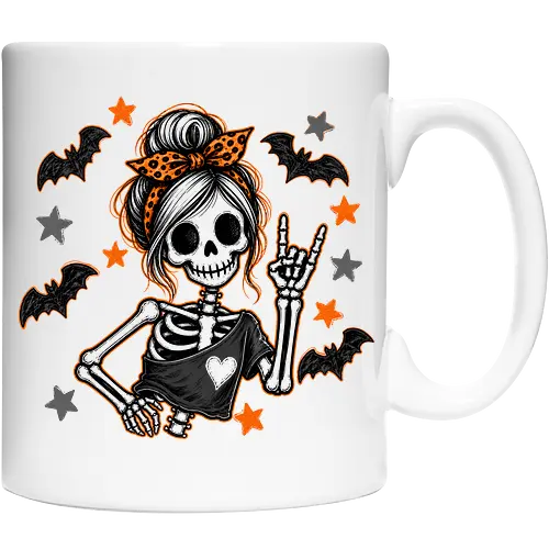 Skelett-Mädchen Halloween Rockerin Gruselig Lustig - Skelett, Skelett-Mädchen, Halloween, Rockerin, Rock, gruselig, lustig, Totenkopf, Kawaii, süßes Skelett, Kürbisse, Sterne, Alternative, Gruselzeit - Cup