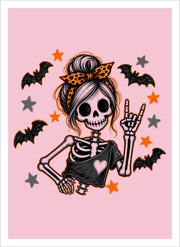Skelett-Mädchen Halloween Rockerin Gruselig Lustig - Skelett, Skelett-Mädchen, Halloween, Rockerin, Rock, gruselig, lustig, Totenkopf, Kawaii, süßes Skelett, Kürbisse, Sterne, Alternative, Gruselzeit - Artprint