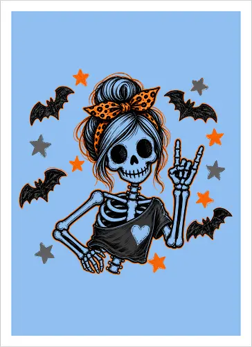 Skelett-Mädchen Halloween Rockerin Gruselig Lustig - Skelett, Skelett-Mädchen, Halloween, Rockerin, Rock, gruselig, lustig, Totenkopf, Kawaii, süßes Skelett, Kürbisse, Sterne, Alternative, Gruselzeit - Artprint