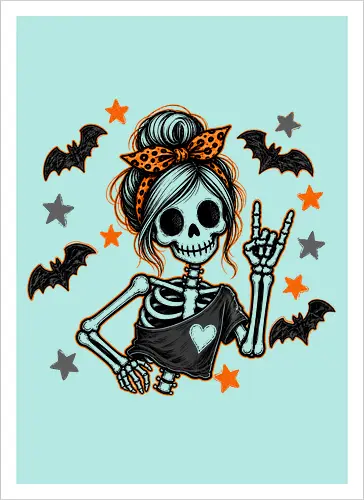 Skelett-Mädchen Halloween Rockerin Gruselig Lustig - Skelett, Skelett-Mädchen, Halloween, Rockerin, Rock, gruselig, lustig, Totenkopf, Kawaii, süßes Skelett, Kürbisse, Sterne, Alternative, Gruselzeit - Artprint