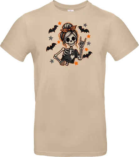 Skelett-Mädchen Halloween Rockerin Gruselig Lustig - Skelett, Skelett-Mädchen, Halloween, Rockerin, Rock, gruselig, lustig, Totenkopf, Kawaii, süßes Skelett, Kürbisse, Sterne, Alternative, Gruselzeit - Standard T-Shirt