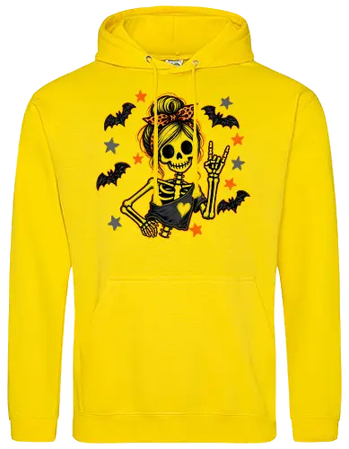 Skelett-Mädchen Halloween Rockerin Gruselig Lustig - Skelett, Skelett-Mädchen, Halloween, Rockerin, Rock, gruselig, lustig, Totenkopf, Kawaii, süßes Skelett, Kürbisse, Sterne, Alternative, Gruselzeit - Standard Hoodie