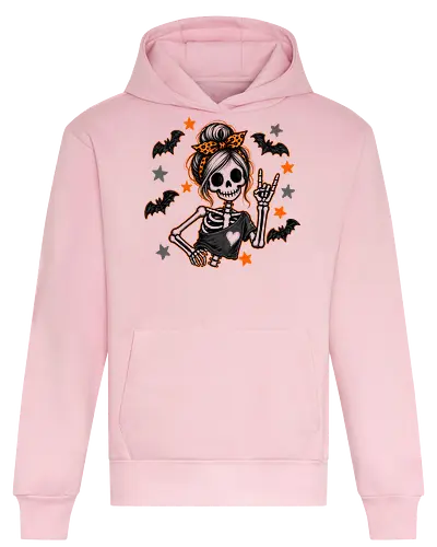 Skelett-Mädchen Halloween Rockerin Gruselig Lustig - Skelett, Skelett-Mädchen, Halloween, Rockerin, Rock, gruselig, lustig, Totenkopf, Kawaii, süßes Skelett, Kürbisse, Sterne, Alternative, Gruselzeit - Heavyweight Hoodie