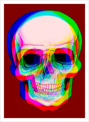Bunter Schädel mit Digitalem Glitch-Effekt - bunter Schädel, digitaler Glitch-Effekt, psychedelische Kunst, lebendige Farben, urbane Ästhetik, modernes Grafikdesign, visuelle Verzerrung, Farbschichten, zeitgenössische Kunst, digitale Illustration, dunkler Hintergrund, Anaglyph-Stil, alternative Kunst, zeitloses Symbol, mutiges Design - Artprint