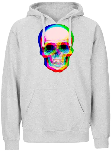 Bunter Schädel mit Digitalem Glitch-Effekt - bunter Schädel, digitaler Glitch-Effekt, psychedelische Kunst, lebendige Farben, urbane Ästhetik, modernes Grafikdesign, visuelle Verzerrung, Farbschichten, zeitgenössische Kunst, digitale Illustration, dunkler Hintergrund, Anaglyph-Stil, alternative Kunst, zeitloses Symbol, mutiges Design - Fairtrade Hoodie
