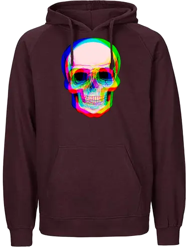 Bunter Schädel mit Digitalem Glitch-Effekt - bunter Schädel, digitaler Glitch-Effekt, psychedelische Kunst, lebendige Farben, urbane Ästhetik, modernes Grafikdesign, visuelle Verzerrung, Farbschichten, zeitgenössische Kunst, digitale Illustration, dunkler Hintergrund, Anaglyph-Stil, alternative Kunst, zeitloses Symbol, mutiges Design - Fairtrade Hoodie