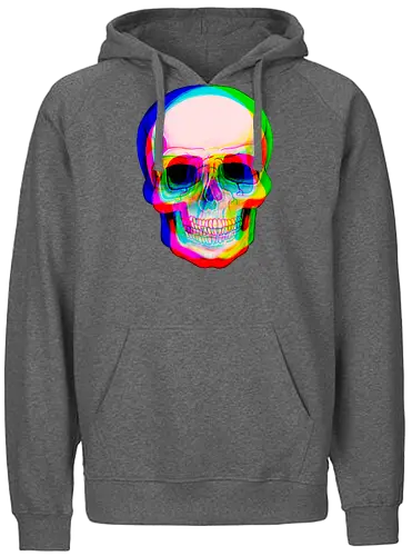 Bunter Schädel mit Digitalem Glitch-Effekt - bunter Schädel, digitaler Glitch-Effekt, psychedelische Kunst, lebendige Farben, urbane Ästhetik, modernes Grafikdesign, visuelle Verzerrung, Farbschichten, zeitgenössische Kunst, digitale Illustration, dunkler Hintergrund, Anaglyph-Stil, alternative Kunst, zeitloses Symbol, mutiges Design - Fairtrade Hoodie
