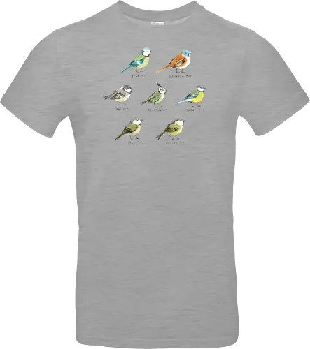Sieben Bunte Vogelarten Aquarell Bleistift Naturalist Kunst - europäische Vögel Shirt, Ornithologie dekorative Illustration, britische Vögel Sammlung, wissenschaftliche Vogel Illustration, bunte Vögel Komposition, pädagogische Natur Kunst, Vogelliebhaber Geschenk, sieben bunte Vogelarten, naturalistischer Aquarell Illustration, identifizierte europäische Vögel, handgefertigte ornithologische Kunst, bunte Meisen Sammlung, handgefertigte Arten Typografie, blau grün gelb orange braun Vogel, Vogelbeobachter Kunst Geschenk - Standard T-Shirt