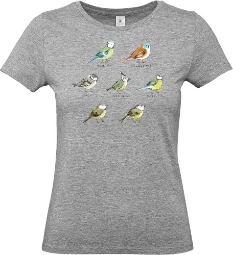 Sieben Bunte Vogelarten Aquarell Bleistift Naturalist Kunst - europäische Vögel Shirt, Ornithologie dekorative Illustration, britische Vögel Sammlung, wissenschaftliche Vogel Illustration, bunte Vögel Komposition, pädagogische Natur Kunst, Vogelliebhaber Geschenk, sieben bunte Vogelarten, naturalistischer Aquarell Illustration, identifizierte europäische Vögel, handgefertigte ornithologische Kunst, bunte Meisen Sammlung, handgefertigte Arten Typografie, blau grün gelb orange braun Vogel, Vogelbeobachter Kunst Geschenk - Standard T-Shirt (Women)