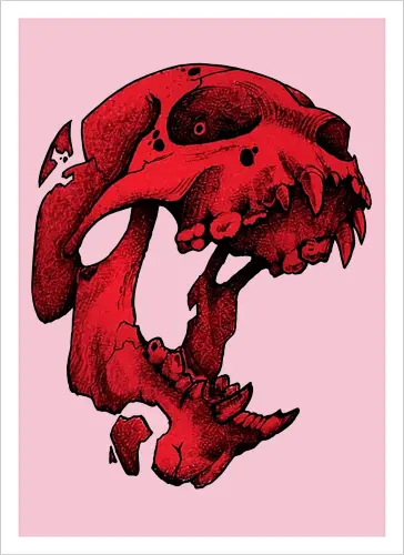 Blutroter Dinosaurierschädel-Amoklauf - Tierschädel, Katzenschädel, Raubtierschädel, Horror-Kunst, gotische Illustration, gesprungener Schädel, Zeichnung mit roter Tinte, düstere Ästhetik, Knochenkunst, makabres Design, stilisierter Schädel, schwarzer Hintergrund, Grunge-Schädel, scharfe Zähne - Artprint