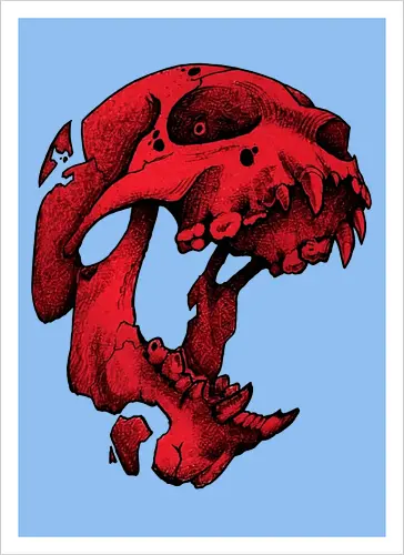 Blutroter Dinosaurierschädel-Amoklauf - Tierschädel, Katzenschädel, Raubtierschädel, Horror-Kunst, gotische Illustration, gesprungener Schädel, Zeichnung mit roter Tinte, düstere Ästhetik, Knochenkunst, makabres Design, stilisierter Schädel, schwarzer Hintergrund, Grunge-Schädel, scharfe Zähne - Artprint