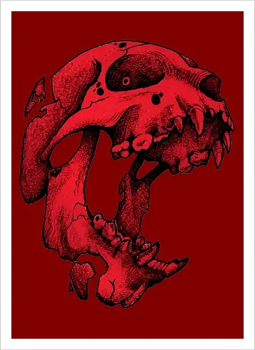 Blutroter Dinosaurierschädel-Amoklauf - Tierschädel, Katzenschädel, Raubtierschädel, Horror-Kunst, gotische Illustration, gesprungener Schädel, Zeichnung mit roter Tinte, düstere Ästhetik, Knochenkunst, makabres Design, stilisierter Schädel, schwarzer Hintergrund, Grunge-Schädel, scharfe Zähne - Artprint