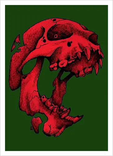 Blutroter Dinosaurierschädel-Amoklauf - Tierschädel, Katzenschädel, Raubtierschädel, Horror-Kunst, gotische Illustration, gesprungener Schädel, Zeichnung mit roter Tinte, düstere Ästhetik, Knochenkunst, makabres Design, stilisierter Schädel, schwarzer Hintergrund, Grunge-Schädel, scharfe Zähne - Artprint