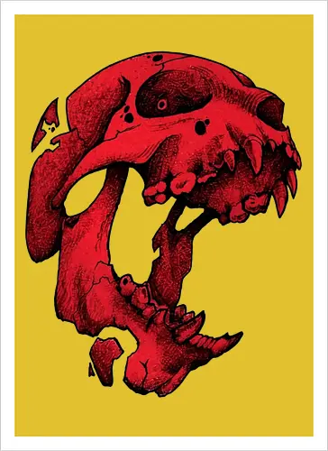 Blutroter Dinosaurierschädel-Amoklauf - Tierschädel, Katzenschädel, Raubtierschädel, Horror-Kunst, gotische Illustration, gesprungener Schädel, Zeichnung mit roter Tinte, düstere Ästhetik, Knochenkunst, makabres Design, stilisierter Schädel, schwarzer Hintergrund, Grunge-Schädel, scharfe Zähne - Artprint
