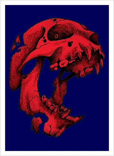 Blutroter Dinosaurierschädel-Amoklauf - Tierschädel, Katzenschädel, Raubtierschädel, Horror-Kunst, gotische Illustration, gesprungener Schädel, Zeichnung mit roter Tinte, düstere Ästhetik, Knochenkunst, makabres Design, stilisierter Schädel, schwarzer Hintergrund, Grunge-Schädel, scharfe Zähne - Artprint