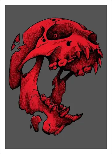 Blutroter Dinosaurierschädel-Amoklauf - Tierschädel, Katzenschädel, Raubtierschädel, Horror-Kunst, gotische Illustration, gesprungener Schädel, Zeichnung mit roter Tinte, düstere Ästhetik, Knochenkunst, makabres Design, stilisierter Schädel, schwarzer Hintergrund, Grunge-Schädel, scharfe Zähne - Artprint