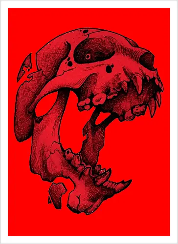Blutroter Dinosaurierschädel-Amoklauf - Tierschädel, Katzenschädel, Raubtierschädel, Horror-Kunst, gotische Illustration, gesprungener Schädel, Zeichnung mit roter Tinte, düstere Ästhetik, Knochenkunst, makabres Design, stilisierter Schädel, schwarzer Hintergrund, Grunge-Schädel, scharfe Zähne - Artprint