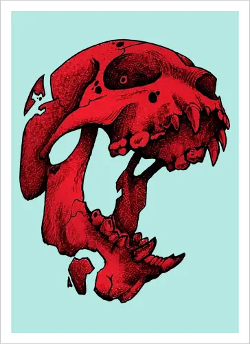 Blutroter Dinosaurierschädel-Amoklauf - Tierschädel, Katzenschädel, Raubtierschädel, Horror-Kunst, gotische Illustration, gesprungener Schädel, Zeichnung mit roter Tinte, düstere Ästhetik, Knochenkunst, makabres Design, stilisierter Schädel, schwarzer Hintergrund, Grunge-Schädel, scharfe Zähne - Artprint