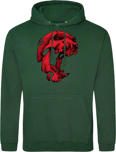 Blutroter Dinosaurierschädel-Amoklauf - Tierschädel, Katzenschädel, Raubtierschädel, Horror-Kunst, gotische Illustration, gesprungener Schädel, Zeichnung mit roter Tinte, düstere Ästhetik, Knochenkunst, makabres Design, stilisierter Schädel, schwarzer Hintergrund, Grunge-Schädel, scharfe Zähne - Standard Hoodie