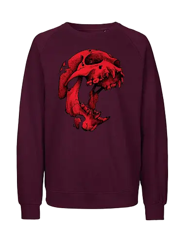 Blutroter Dinosaurierschädel-Amoklauf - Tierschädel, Katzenschädel, Raubtierschädel, Horror-Kunst, gotische Illustration, gesprungener Schädel, Zeichnung mit roter Tinte, düstere Ästhetik, Knochenkunst, makabres Design, stilisierter Schädel, schwarzer Hintergrund, Grunge-Schädel, scharfe Zähne - Fairtrade Sweatshirt