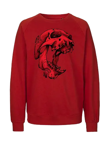 Blutroter Dinosaurierschädel-Amoklauf - Tierschädel, Katzenschädel, Raubtierschädel, Horror-Kunst, gotische Illustration, gesprungener Schädel, Zeichnung mit roter Tinte, düstere Ästhetik, Knochenkunst, makabres Design, stilisierter Schädel, schwarzer Hintergrund, Grunge-Schädel, scharfe Zähne - Fairtrade Sweatshirt