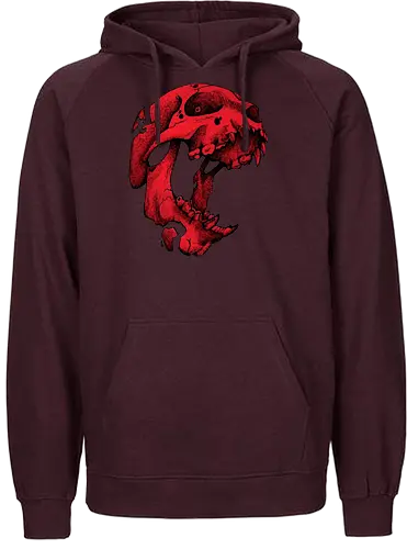 Blutroter Dinosaurierschädel-Amoklauf - Tierschädel, Katzenschädel, Raubtierschädel, Horror-Kunst, gotische Illustration, gesprungener Schädel, Zeichnung mit roter Tinte, düstere Ästhetik, Knochenkunst, makabres Design, stilisierter Schädel, schwarzer Hintergrund, Grunge-Schädel, scharfe Zähne - Fairtrade Hoodie