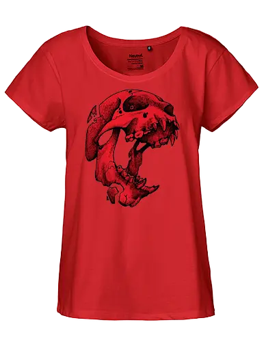 Blutroter Dinosaurierschädel-Amoklauf - Tierschädel, Katzenschädel, Raubtierschädel, Horror-Kunst, gotische Illustration, gesprungener Schädel, Zeichnung mit roter Tinte, düstere Ästhetik, Knochenkunst, makabres Design, stilisierter Schädel, schwarzer Hintergrund, Grunge-Schädel, scharfe Zähne - Fairtrade Girl Shirt