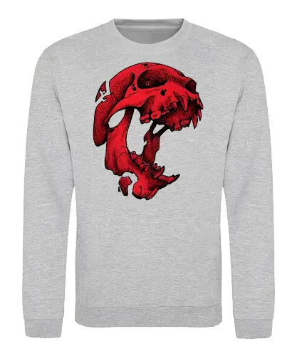 Blutroter Dinosaurierschädel-Amoklauf - Tierschädel, Katzenschädel, Raubtierschädel, Horror-Kunst, gotische Illustration, gesprungener Schädel, Zeichnung mit roter Tinte, düstere Ästhetik, Knochenkunst, makabres Design, stilisierter Schädel, schwarzer Hintergrund, Grunge-Schädel, scharfe Zähne - Sweatshirt