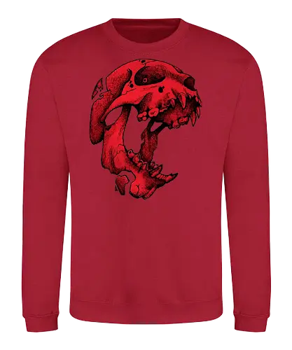 Blutroter Dinosaurierschädel-Amoklauf - Tierschädel, Katzenschädel, Raubtierschädel, Horror-Kunst, gotische Illustration, gesprungener Schädel, Zeichnung mit roter Tinte, düstere Ästhetik, Knochenkunst, makabres Design, stilisierter Schädel, schwarzer Hintergrund, Grunge-Schädel, scharfe Zähne - Sweatshirt