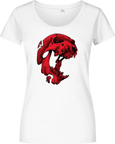 Blutroter Dinosaurierschädel-Amoklauf - Tierschädel, Katzenschädel, Raubtierschädel, Horror-Kunst, gotische Illustration, gesprungener Schädel, Zeichnung mit roter Tinte, düstere Ästhetik, Knochenkunst, makabres Design, stilisierter Schädel, schwarzer Hintergrund, Grunge-Schädel, scharfe Zähne - Women T-Shirt