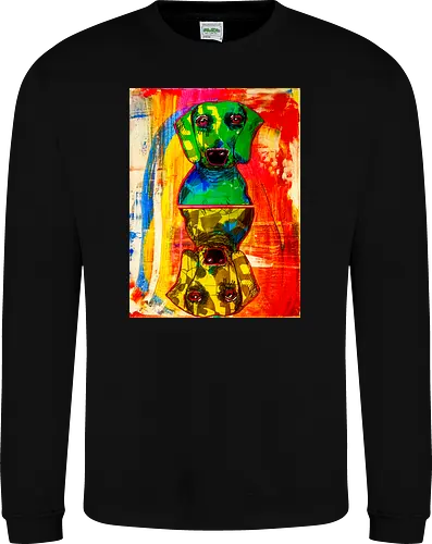 Neon Reflection: Upside Down - Pop Art, Expressionismus, Psychedelisch, Abstrakt, Neon, Spiegelung, Hund, Dackel, Jagdhund, Haustier, Kunstwerk, Gemälde, Farbenfroh, Kontrastreich, Grün, Gelb, Rot, Camouflage, Grafikdesign, Geek Art, Nerdwear, Statementshirt, Unkonventionell, Eyecatcher - Sweatshirt