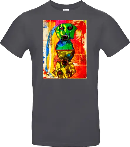 Neon Reflection: Upside Down - Pop Art, Expressionismus, Psychedelisch, Abstrakt, Neon, Spiegelung, Hund, Dackel, Jagdhund, Haustier, Kunstwerk, Gemälde, Farbenfroh, Kontrastreich, Grün, Gelb, Rot, Camouflage, Grafikdesign, Geek Art, Nerdwear, Statementshirt, Unkonventionell, Eyecatcher - Standard T-Shirt