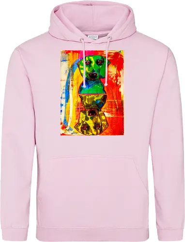 Neon Reflection: Upside Down - Pop Art, Expressionismus, Psychedelisch, Abstrakt, Neon, Spiegelung, Hund, Dackel, Jagdhund, Haustier, Kunstwerk, Gemälde, Farbenfroh, Kontrastreich, Grün, Gelb, Rot, Camouflage, Grafikdesign, Geek Art, Nerdwear, Statementshirt, Unkonventionell, Eyecatcher - Standard Hoodie