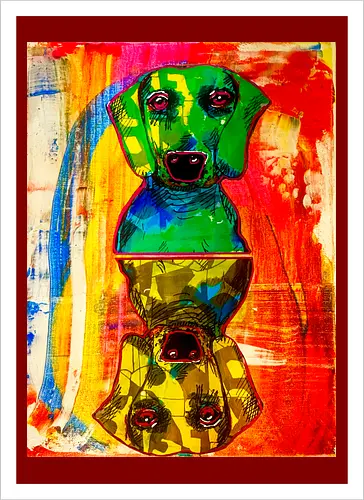 Neon Reflection: Upside Down - Pop Art, Expressionismus, Psychedelisch, Abstrakt, Neon, Spiegelung, Hund, Dackel, Jagdhund, Haustier, Kunstwerk, Gemälde, Farbenfroh, Kontrastreich, Grün, Gelb, Rot, Camouflage, Grafikdesign, Geek Art, Nerdwear, Statementshirt, Unkonventionell, Eyecatcher - Artprint