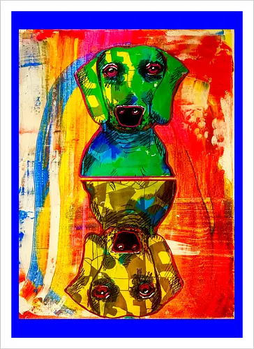 Neon Reflection: Upside Down - Pop Art, Expressionismus, Psychedelisch, Abstrakt, Neon, Spiegelung, Hund, Dackel, Jagdhund, Haustier, Kunstwerk, Gemälde, Farbenfroh, Kontrastreich, Grün, Gelb, Rot, Camouflage, Grafikdesign, Geek Art, Nerdwear, Statementshirt, Unkonventionell, Eyecatcher - Artprint