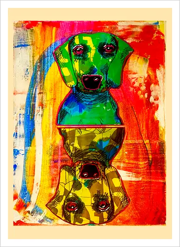 Neon Reflection: Upside Down - Pop Art, Expressionismus, Psychedelisch, Abstrakt, Neon, Spiegelung, Hund, Dackel, Jagdhund, Haustier, Kunstwerk, Gemälde, Farbenfroh, Kontrastreich, Grün, Gelb, Rot, Camouflage, Grafikdesign, Geek Art, Nerdwear, Statementshirt, Unkonventionell, Eyecatcher - Artprint