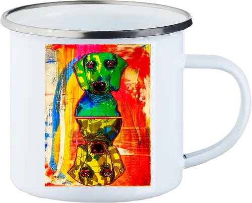 Neon Reflection: Upside Down - Pop Art, Expressionismus, Psychedelisch, Abstrakt, Neon, Spiegelung, Hund, Dackel, Jagdhund, Haustier, Kunstwerk, Gemälde, Farbenfroh, Kontrastreich, Grün, Gelb, Rot, Camouflage, Grafikdesign, Geek Art, Nerdwear, Statementshirt, Unkonventionell, Eyecatcher - Enamel Mug