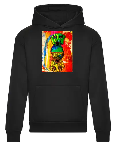 Neon Reflection: Upside Down - Pop Art, Expressionismus, Psychedelisch, Abstrakt, Neon, Spiegelung, Hund, Dackel, Jagdhund, Haustier, Kunstwerk, Gemälde, Farbenfroh, Kontrastreich, Grün, Gelb, Rot, Camouflage, Grafikdesign, Geek Art, Nerdwear, Statementshirt, Unkonventionell, Eyecatcher - Heavyweight Hoodie