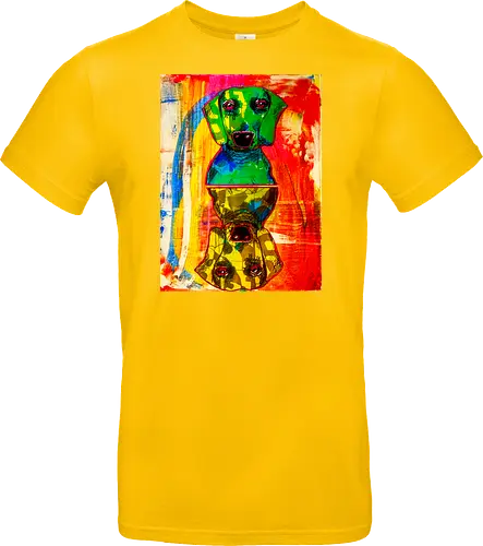 Neon Reflection: Upside Down - Pop Art, Expressionismus, Psychedelisch, Abstrakt, Neon, Spiegelung, Hund, Dackel, Jagdhund, Haustier, Kunstwerk, Gemälde, Farbenfroh, Kontrastreich, Grün, Gelb, Rot, Camouflage, Grafikdesign, Geek Art, Nerdwear, Statementshirt, Unkonventionell, Eyecatcher - Standard T-Shirt