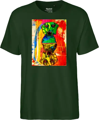 Neon Reflection: Upside Down - Pop Art, Expressionismus, Psychedelisch, Abstrakt, Neon, Spiegelung, Hund, Dackel, Jagdhund, Haustier, Kunstwerk, Gemälde, Farbenfroh, Kontrastreich, Grün, Gelb, Rot, Camouflage, Grafikdesign, Geek Art, Nerdwear, Statementshirt, Unkonventionell, Eyecatcher - Fairtrade T-Shirt