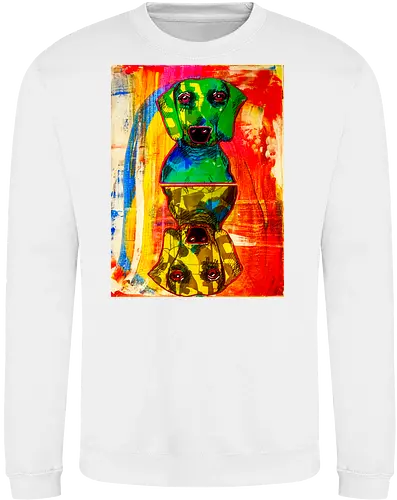 Neon Reflection: Upside Down - Pop Art, Expressionismus, Psychedelisch, Abstrakt, Neon, Spiegelung, Hund, Dackel, Jagdhund, Haustier, Kunstwerk, Gemälde, Farbenfroh, Kontrastreich, Grün, Gelb, Rot, Camouflage, Grafikdesign, Geek Art, Nerdwear, Statementshirt, Unkonventionell, Eyecatcher - Sweatshirt