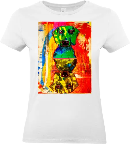 Neon Reflection: Upside Down - Pop Art, Expressionismus, Psychedelisch, Abstrakt, Neon, Spiegelung, Hund, Dackel, Jagdhund, Haustier, Kunstwerk, Gemälde, Farbenfroh, Kontrastreich, Grün, Gelb, Rot, Camouflage, Grafikdesign, Geek Art, Nerdwear, Statementshirt, Unkonventionell, Eyecatcher - Standard T-Shirt (Women)