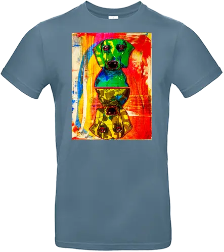 Neon Reflection: Upside Down - Pop Art, Expressionismus, Psychedelisch, Abstrakt, Neon, Spiegelung, Hund, Dackel, Jagdhund, Haustier, Kunstwerk, Gemälde, Farbenfroh, Kontrastreich, Grün, Gelb, Rot, Camouflage, Grafikdesign, Geek Art, Nerdwear, Statementshirt, Unkonventionell, Eyecatcher - Standard T-Shirt