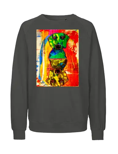 Neon Reflection: Upside Down - Pop Art, Expressionismus, Psychedelisch, Abstrakt, Neon, Spiegelung, Hund, Dackel, Jagdhund, Haustier, Kunstwerk, Gemälde, Farbenfroh, Kontrastreich, Grün, Gelb, Rot, Camouflage, Grafikdesign, Geek Art, Nerdwear, Statementshirt, Unkonventionell, Eyecatcher - Fairtrade Sweatshirt