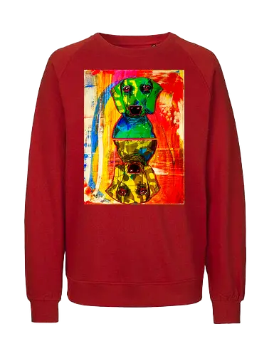 Neon Reflection: Upside Down - Pop Art, Expressionismus, Psychedelisch, Abstrakt, Neon, Spiegelung, Hund, Dackel, Jagdhund, Haustier, Kunstwerk, Gemälde, Farbenfroh, Kontrastreich, Grün, Gelb, Rot, Camouflage, Grafikdesign, Geek Art, Nerdwear, Statementshirt, Unkonventionell, Eyecatcher - Fairtrade Sweatshirt