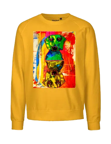Neon Reflection: Upside Down - Pop Art, Expressionismus, Psychedelisch, Abstrakt, Neon, Spiegelung, Hund, Dackel, Jagdhund, Haustier, Kunstwerk, Gemälde, Farbenfroh, Kontrastreich, Grün, Gelb, Rot, Camouflage, Grafikdesign, Geek Art, Nerdwear, Statementshirt, Unkonventionell, Eyecatcher - Fairtrade Sweatshirt