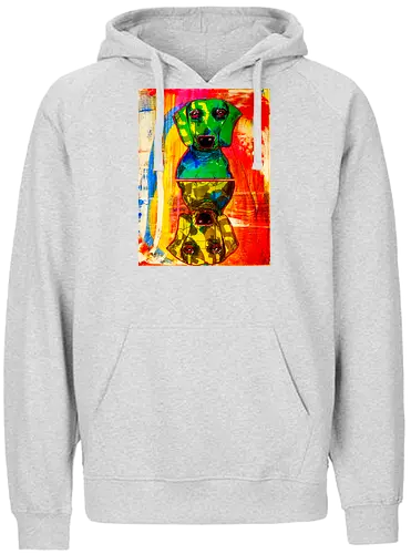 Neon Reflection: Upside Down - Pop Art, Expressionismus, Psychedelisch, Abstrakt, Neon, Spiegelung, Hund, Dackel, Jagdhund, Haustier, Kunstwerk, Gemälde, Farbenfroh, Kontrastreich, Grün, Gelb, Rot, Camouflage, Grafikdesign, Geek Art, Nerdwear, Statementshirt, Unkonventionell, Eyecatcher - Fairtrade Hoodie